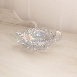 Vintage Small LE Smith Clear Iridescent Glass 2 Handled Nappy Dish Catch All